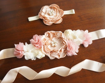 READY TO SHIP Flower sash, Bridal wedding belt, Flower girl sash belt,maternity sash, pregnancy sash, bridesmaid sash, champagne ivory sash