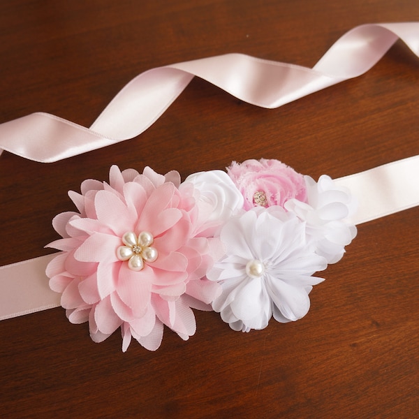 Pink Ivory Flower Maternity Sash, It's A Girl Sash, Newborn Photo Prop, Baby Shower Belly Band Belt, Pregnancy sash, Flower Girl Sash