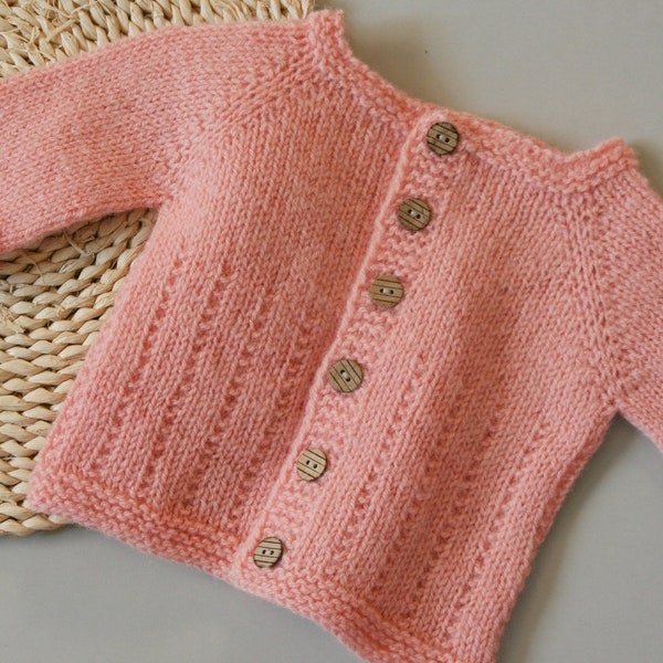 Pull en tricot bébé, tricot bébé tenue, veste nouveau-né rose, tricot bébé fait main, vêtements de bébé 100 % laine
