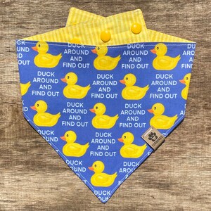 May include: A blue bandana with yellow rubber duckies and the text "Duck Around and Find Out" repeated throughout. The bandana has a yellow and white striped lining.