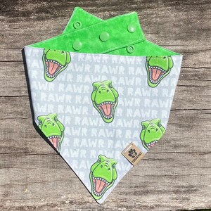 May include: A light gray dog bandana with a repeating pattern of green dinosaur faces and the word "RAWR". The bandana has a green adjustable neck strap with snap closures. A small brown tag with a paw print logo is attached.