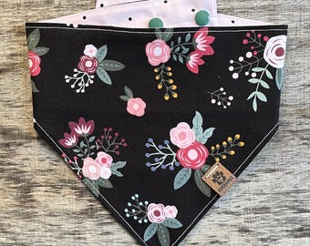 Pink and Rose Floral Snap On Dog Bandana, Cute Spring Dog Bandana, Reversible Personalized Bandana, New Puppy Gift, Dog Kerchief, Dog Scarf