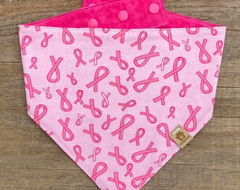 The "Pink Ribbon" Snap Style Reversible Bandana, Personalized Dog Bandana, Dog Bandanna, Dog Scarf, Puppy Scarf