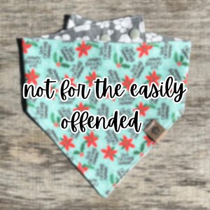 May include: A dog bandana with a teal background, red flowers, and the text "not for the easily offended." The bandana has a gray paw print pattern on the back and a small wooden tag.