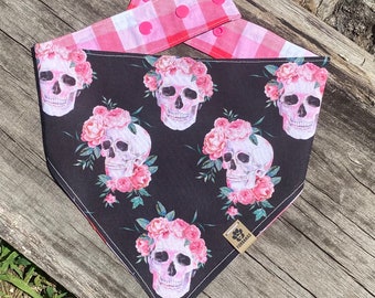 The "Pink Skulls" Snap Style Reversible Bandana, Personalized Dog Bandana, Dog Bandanna, Dog Scarf, Puppy Scarf