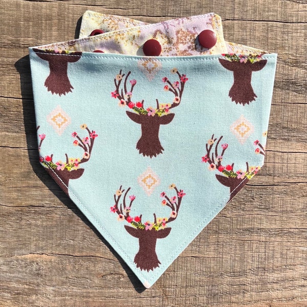 CLEARANCE Boho Deer Snap Style Reversible Bandana, Deer Bandana, Personalized Dog Bandana, Dog Bandanna, Dog Scarf, Puppy Scarf