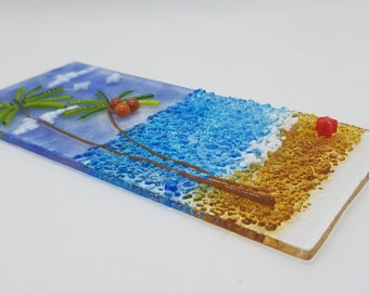 Tropical Beach Fused Glass Picture, Oak Wood Art, Palm Tree Wall hanging, Everlasting Tropical Sea for mum