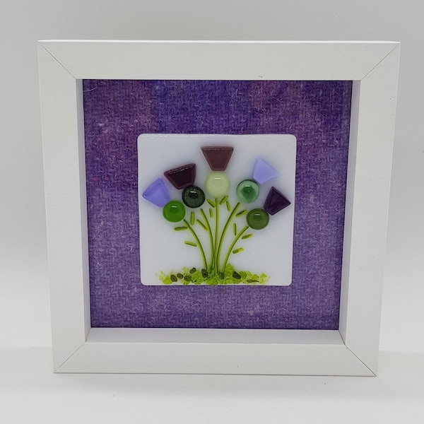 Purple Thistle and Harris Tweed Fused Glass Picture