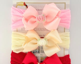 3 Handmade Baby Headbands, Grosgrain Bows, Soft Nylon Band (Made in UK)