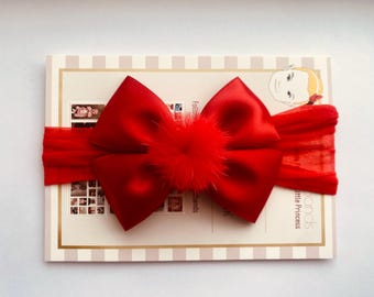 Red Satin Bow Pom Pom Headband: Soft Nylon Band