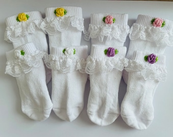 4 Pairs Baby Socks with Flower Embroidery Handmade Made in UK Any Colour available Next Sock Soft