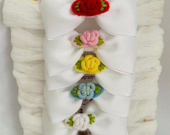 Set of 6 Mini Bow White Bow with 6 Different Colour Flower Embroidery With White Soft Nylon Band