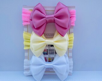 Satin Bow Baby Headband Set: Pink, Lemon, White