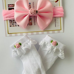 Baby Headbands With Matching Sock Pink Flower Embroidery Nylon Stocking Band Soft Newborn Photography Wedding Christening Made in UK