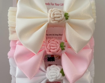 3 Handmade Satin Bow Baby Headbands: White, Pink, Cream