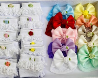 Set of 10 Bow and Sock Baby Headbands Set, Newborn Girl, Handmade In UK