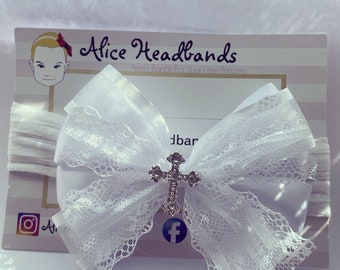 Baby Christening Headband 4'' Cross Stocking Bands Baptism Headband Headband Newborn Christening Headband Band or Hair Clip