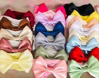 19 Bows Satin Bow 3'' Handmade Baby Headbands Nylon Stocking Band Soft Newborn Photography Wedding Christening Made in UK