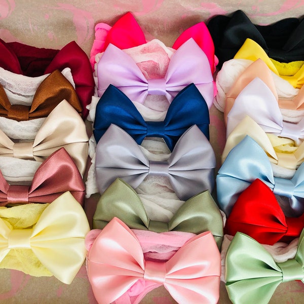 19 Bows Satin Bow 3'' Handmade Baby Headbands Nylon Stocking Band Soft Newborn Photography Wedding Christening Made in UK