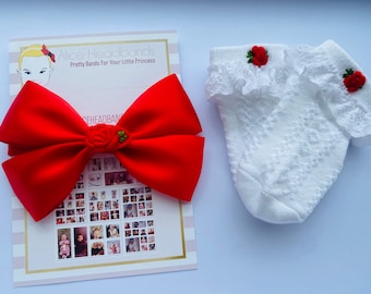 Red Satin Bow Headband with Embroidered Flower Socks: Newborn Photography Prop