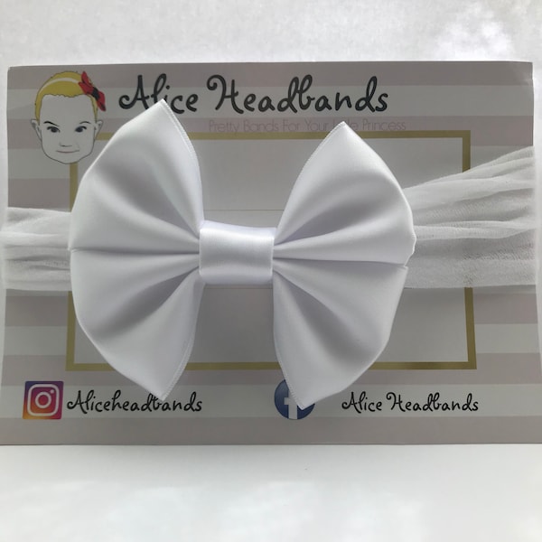 White Satin Bow Soft Stocking Band Free Size 3 Inches Bow Baptism Wedding Headband Headband Newborn Christening Headband Band