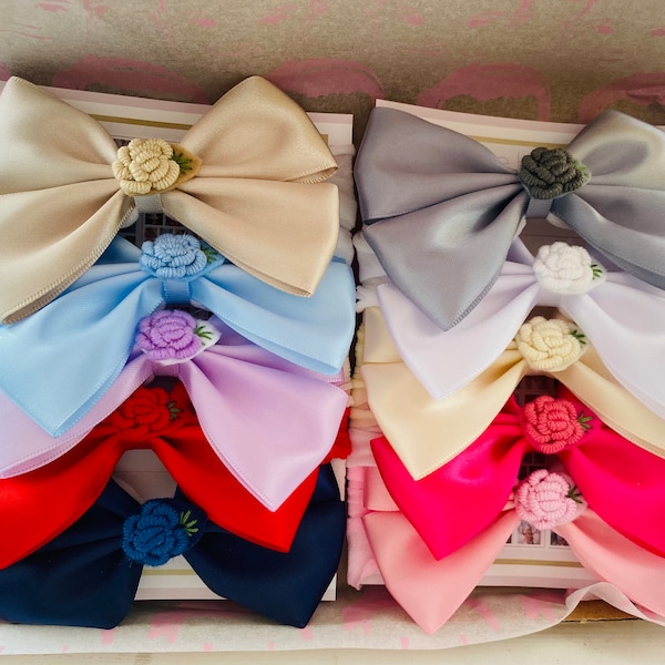 10 Bows Satin Handmade Baby Headbands OR CLIP Flower Embroidery Nylon Stocking Band Soft Newborn Photography Wedding Christening Made in UK