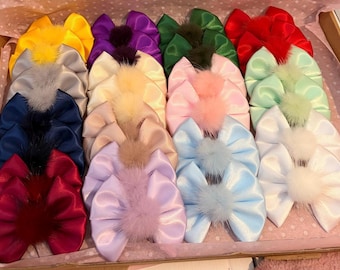Satin Pom Pom Hair Bows: 14 Pairs Colourful  Clips