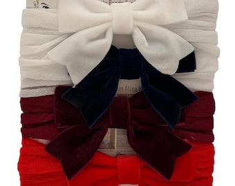 4 Velvet Baby Headbands Girl Bow Soft Band Christmas Bow Red Navy White Burgundy