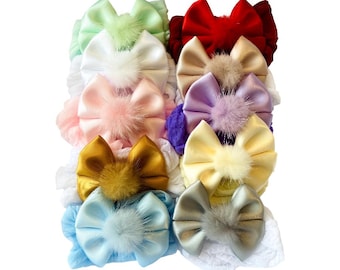 Satin Bow Headbands with Pom Poms - Set of 10 - Baby Girl