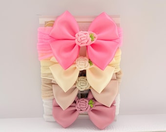 4 Satin Bow Size 3 inch Baby Headbands: Handmade Flower Embroidery, Newborn Christening