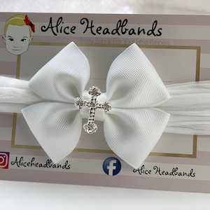 Baby Taufstirnband: Weiße Schleife mit Kreuz