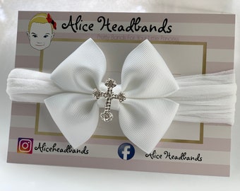 Baby Taufe Stirnband mit Kreuz Stocking Bänder Taufe Hochzeit Stirnband Stirnband Neugeborenen Taufe Stirnband Band oder Haarspange