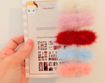 5 Mini  Pom Pom Hair Clips: White, Pink, Lilac, Blue, Red Ties