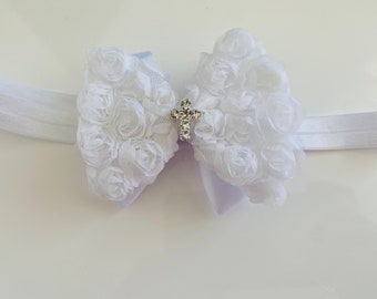 Baby Christening Headband White Chiffon Bow With Cross White pearl Baptism Wedding or Hair Clip