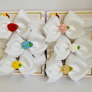 6 Bows Set White Bow With Different Flower Colour Baby Headbands Flower Embroidery Soft Band Photography Wedding Christening Made in UK