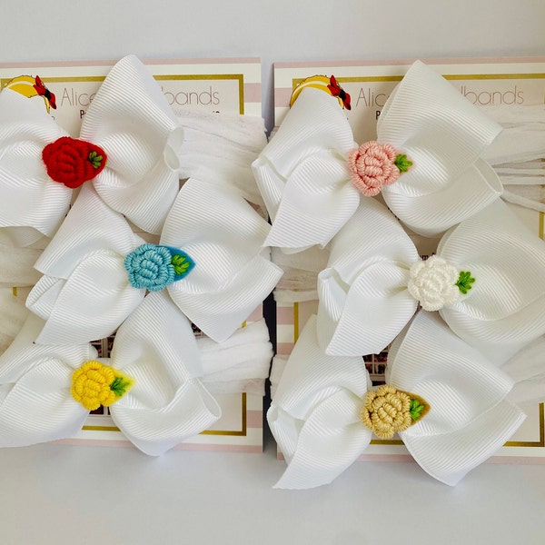 6 Bows Set White Bow With Different Flower Colour Baby Headbands Flower Embroidery Soft Band Photography Wedding Christening Made in UK