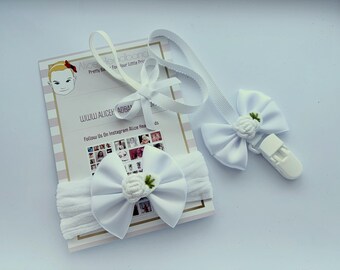 White Satin Bow 2.5 Inch Embroidered Flower With Pacifier Clip