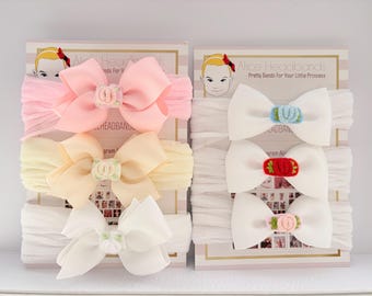 6 Handmade Baby Headbands, Grosgrain Bows, Soft Nylon Band (Made in UK)
