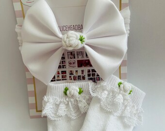 White Satin Bow Headband & Socks Set: Flower Embroidery, Newborn Christening