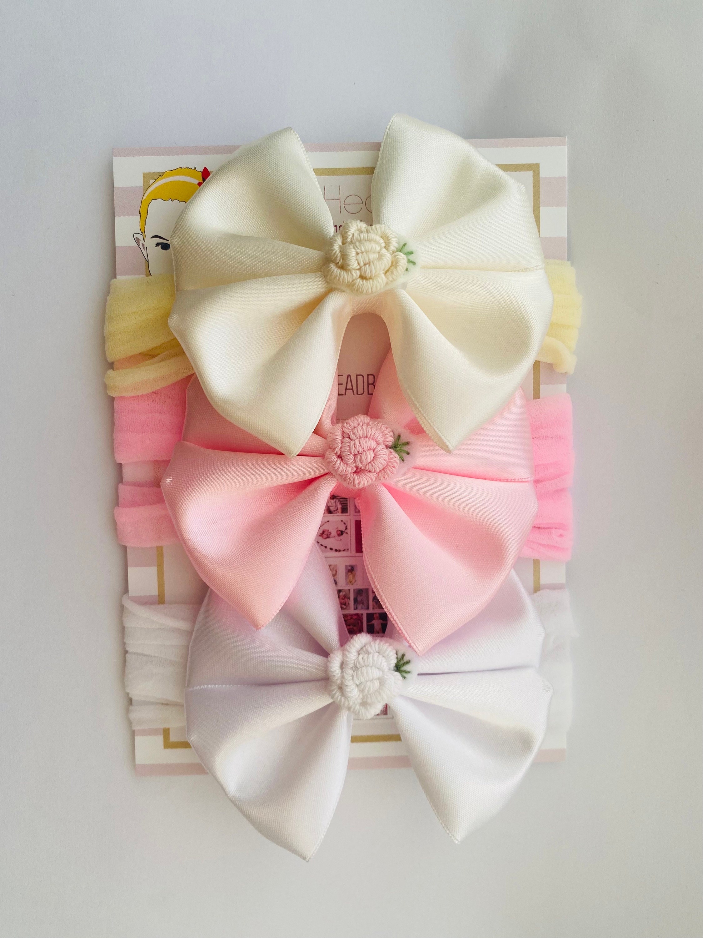 Embellished White Satin Headbands with Pink Bows & Rhinestones • SET OF 3 Amazon.com : Glamlily Blush Headband for Women & Girls  main image 4