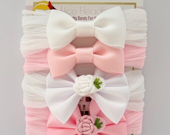 Handmade Baby Headbands: White, Pink Grosgrain, Satin Bows with Embroidery Flower