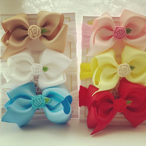 6 Bows Set  Handmade Baby Headbands Flower Embroidery Nylon Stocking Band Soft Newborn Photography Wedding Christening Made in UK