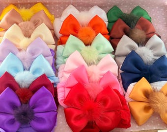 Satin Bow Headbands with Pom Poms - Set of 18 - Baby Girl