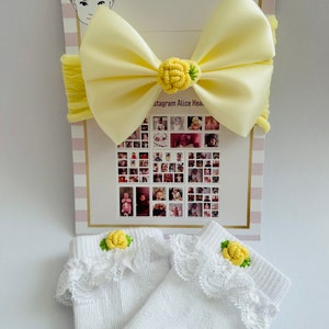 Lemon Satin Bow Headband with Embroidered Flower Socks - UK Made
