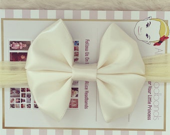 Cream Satin Bow Headband: Newborn Christening Soft Band
