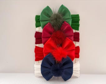 4 Satin Bow Pom Pom Baby Headbands Christmas set Red Burgundy Navy Dark Green