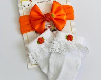 Orange Satin Bow with Matching Sock Baby Headbands with Embroidery Flower for Halloween