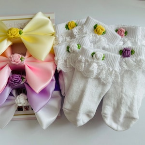 4 Set Bow With Matching Sock Flower Embroidery Nylon Stocking Band Soft Newborn Photography Wedding Christening Made in UK