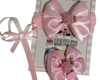 Pink Satin Bow 3 Inch Embroidered Flower With Pacifier Clip