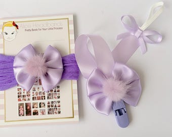 Lilac Satin Bow 2.5 Inch Pom Pom With Pacifier Clip
